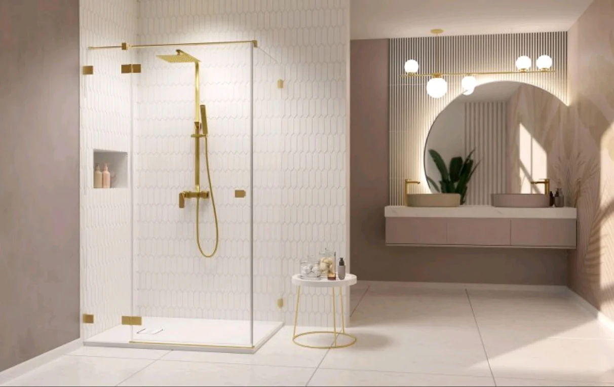 Дверь, Radaway, Essenza Pro KDJ, шв 900*2000, петли-слева, brushed gold, цвет стекла-прозрачный, Easy Clean