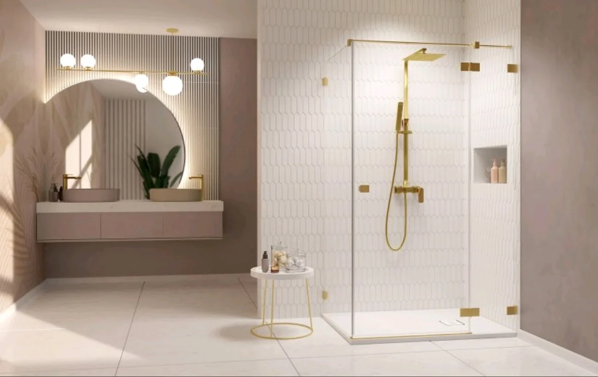 Дверь, Radaway, Essenza Pro KDJ, шв 1200*2000, петли-справа, brushed gold, цвет стекла-прозрачный, Easy Clean