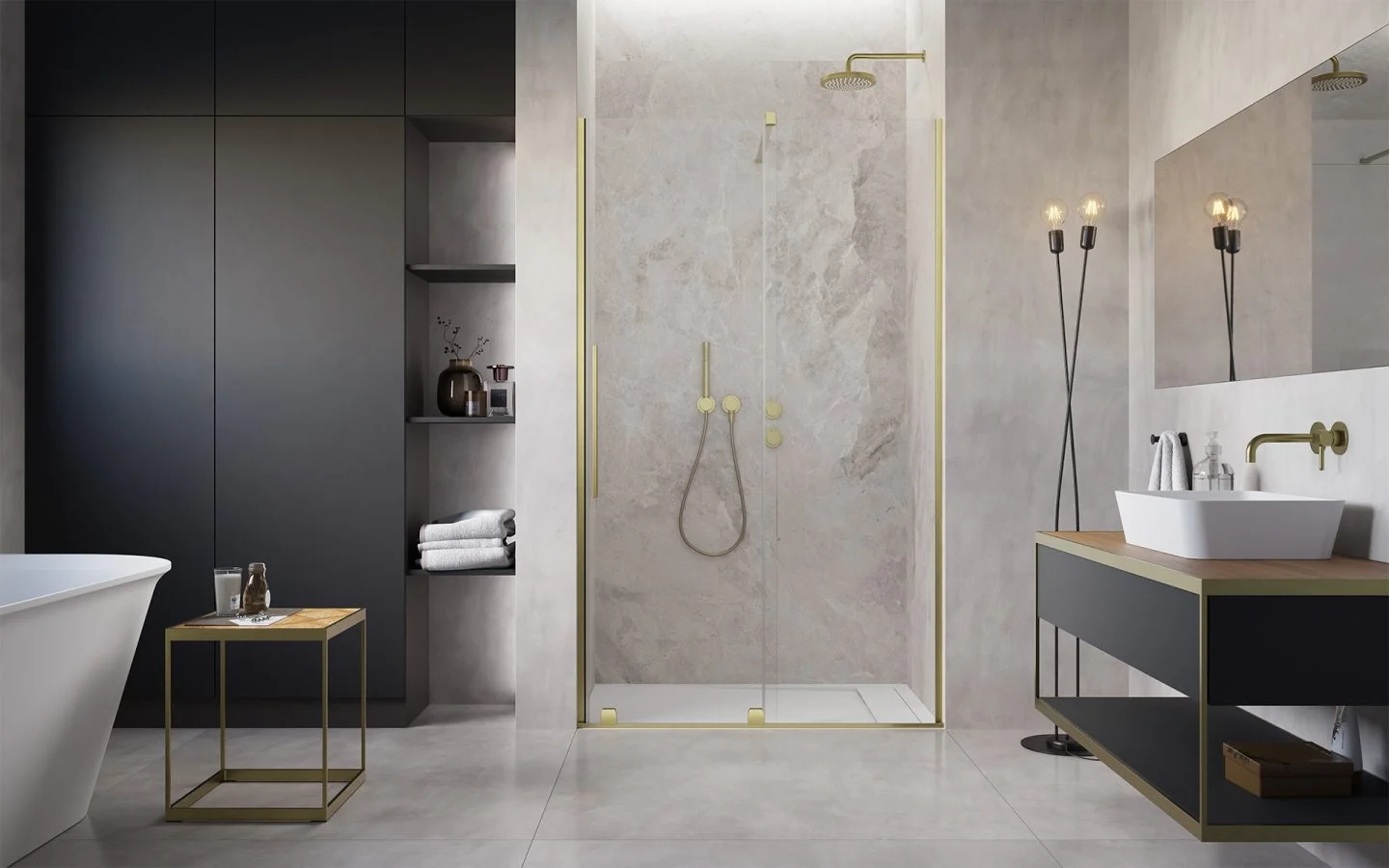 Дверь, Radaway, Furo DWJ, шв 822*2000, петли-справа, brushed gold, цвет стекла-прозрачный, Easy Clean