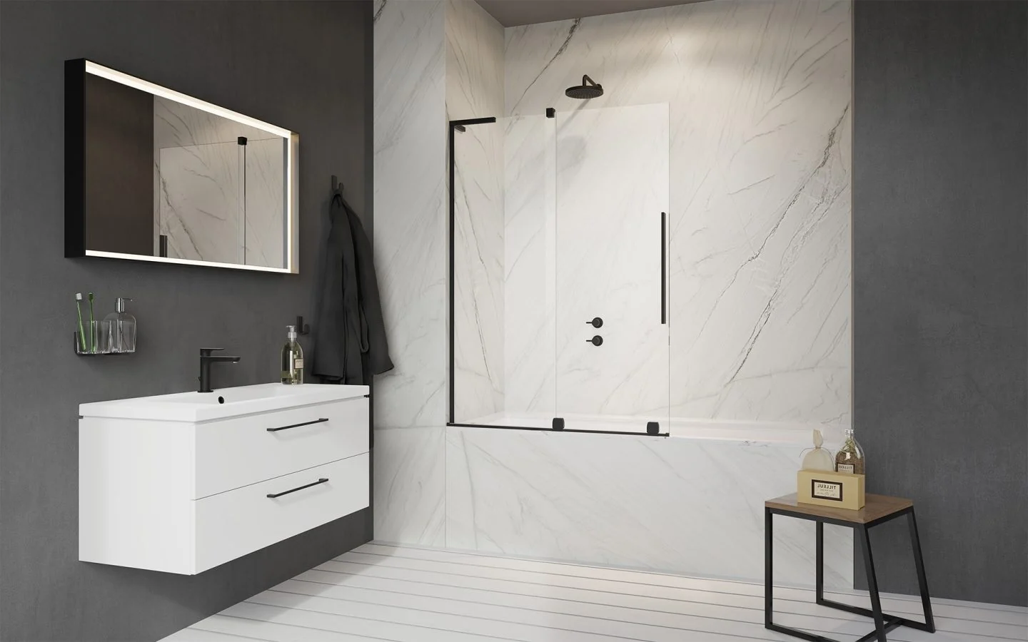 Шторка на ванну, Radaway, Furo SL PND II, шв 638*1500, петли-справа, цвет фурнитуры-черный, цвет стекла-прозрачный, Easy Clean
