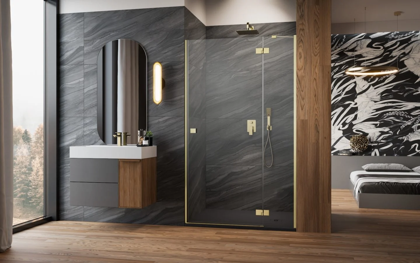 Неподвижная стенка, Radaway, Essenza 8 DWJ, шв 337*2000, Brushed Gold, цвет стекла-прозрачный, Easy Clean