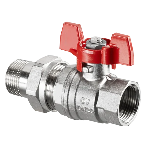 Кран шаровой, Optibal, DN-32, 1 1/4", НВ, PN, бар-16, ручка-бабочка, никелированный, с ниппелем и НГ