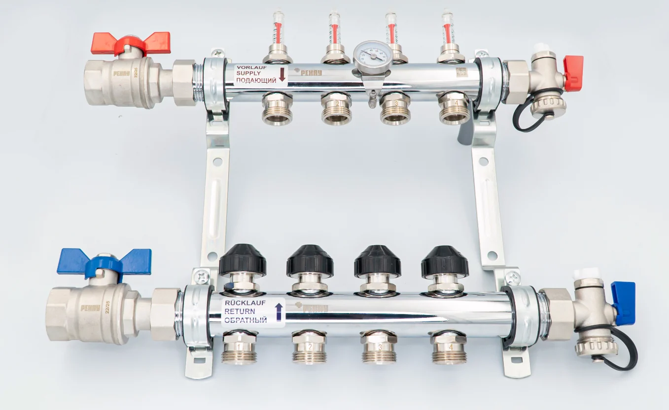 Коллектор, 1", HKV-D 6, выход-3/4" ЕК, PN, бар-6, T°C +70, с шаровыми кранами и расходомерами, нержавеющая сталь