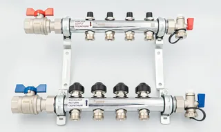 Коллектор, 1", HKV 3, выход-3/4" ЕК, PN, бар-10, T°C +95, с шаровыми кранами и запорно-регулирующими вентилями, нержавеющая сталь
