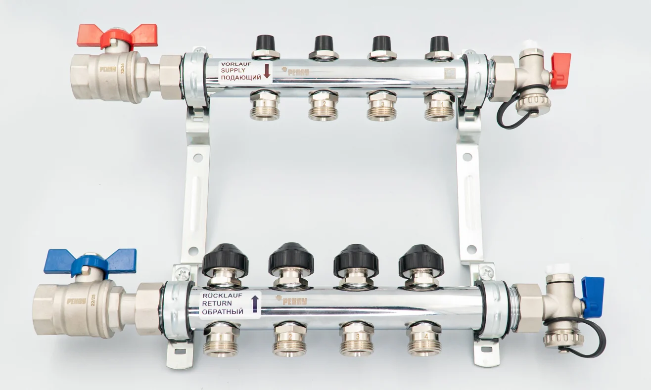 Коллектор, 1", HKV 12, выход-3/4" ЕК, PN, бар-10, T°C +95, с шаровыми кранами и запорно-регулирующими вентилями, нержавеющая сталь