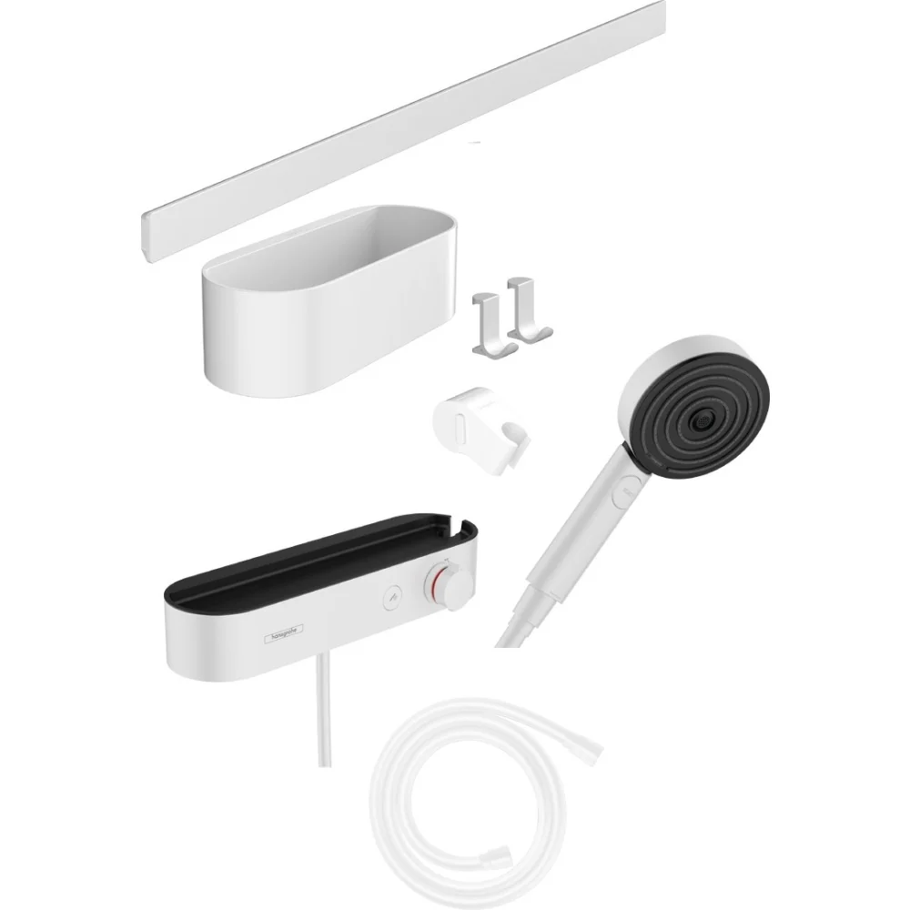 Душевой комплект, Hansgrohe, WallStoris, ручной душ, термостат, шланг для душа, штанга, корзина для хранения, крючок, держатель, цвет-белый матовый