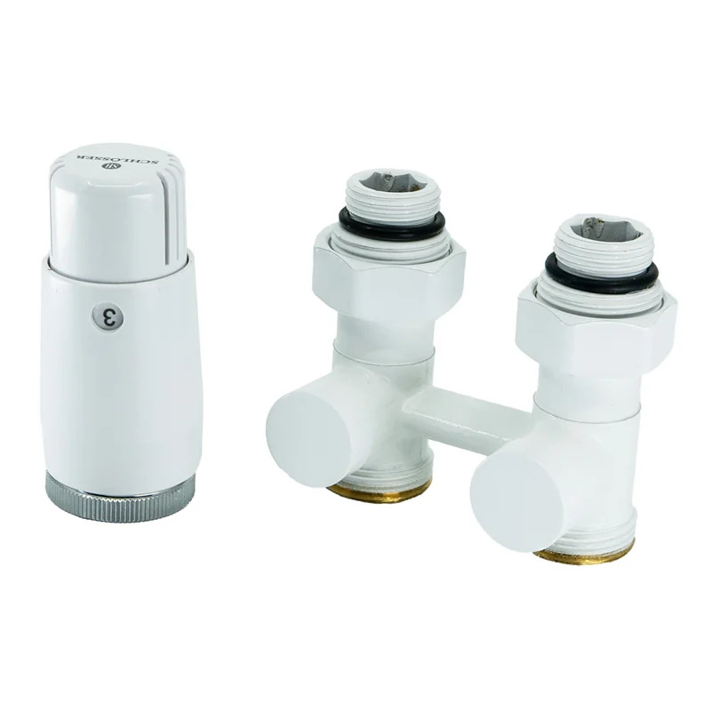 Комплект, Schlosser, Standard MINI 6008, узел нижнего подключения прямой, G 3/4"x3/4", с термоголовкой MINI M30x1,5, цвет-белый + 2 ниппеля 1/2"x3/4"