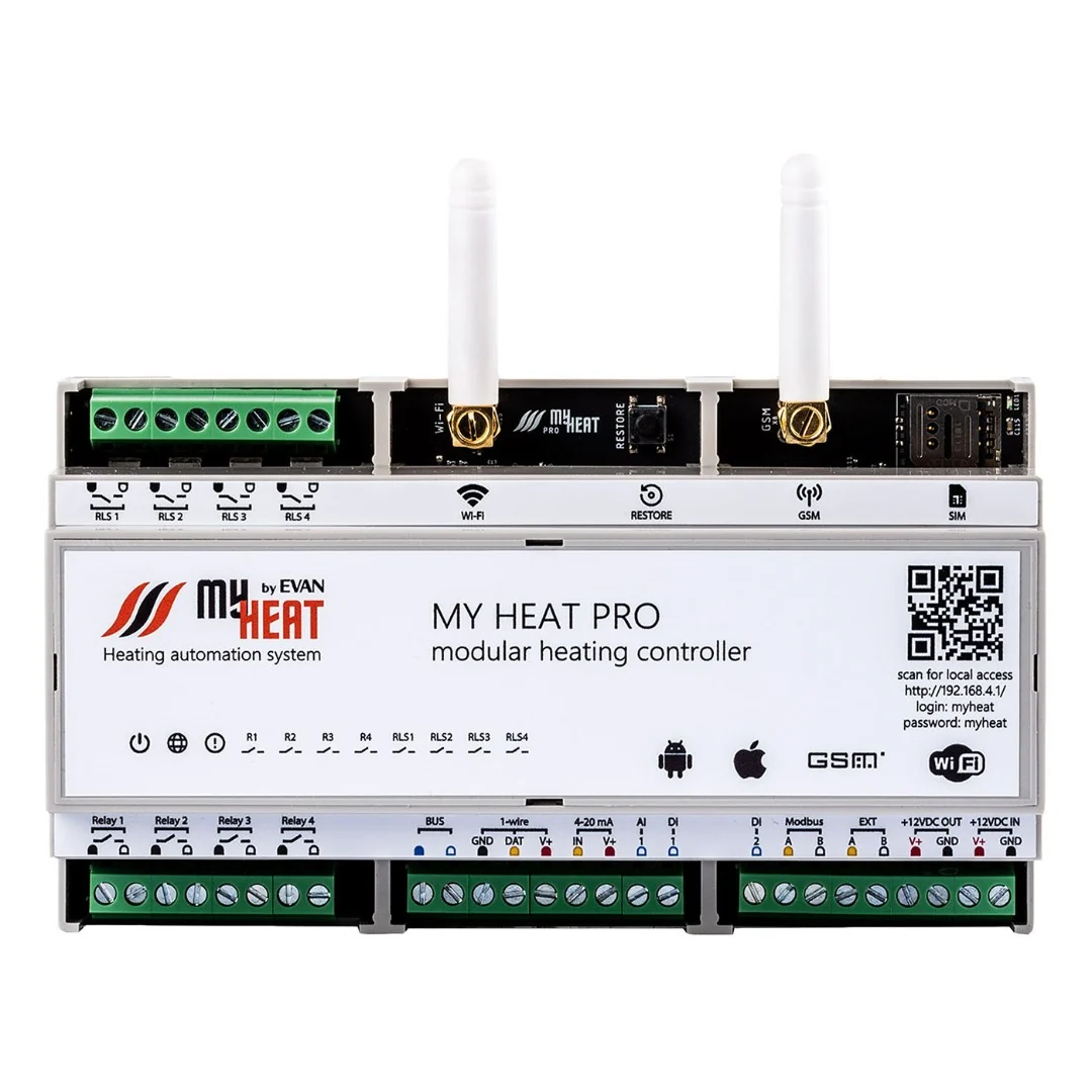 Контроллер, MyHeat, Pro, для автоматизации сложных систем отопления и ГВС, 2 канала связи-GSM 2G и Wi-Fi 2.4g