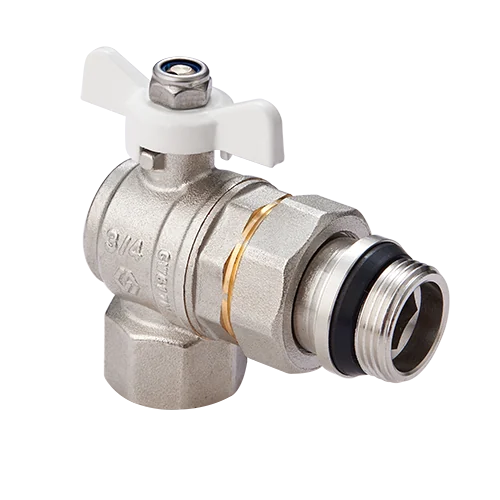 Кран-американка шаровой, Premium, угловой, 1/2", НВ, PN 40, ручка-бабочка, с полусгоном и самоуплотняющимся кольцом