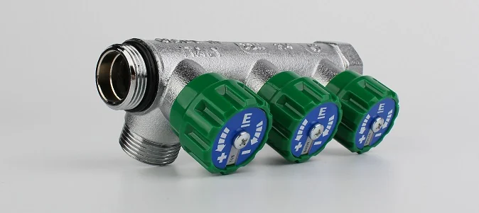 Коллектор модульный, ELSEN, 1", 3 контура, размер отвода-3/4" ЕК, вентили под 90°, TIN латунь