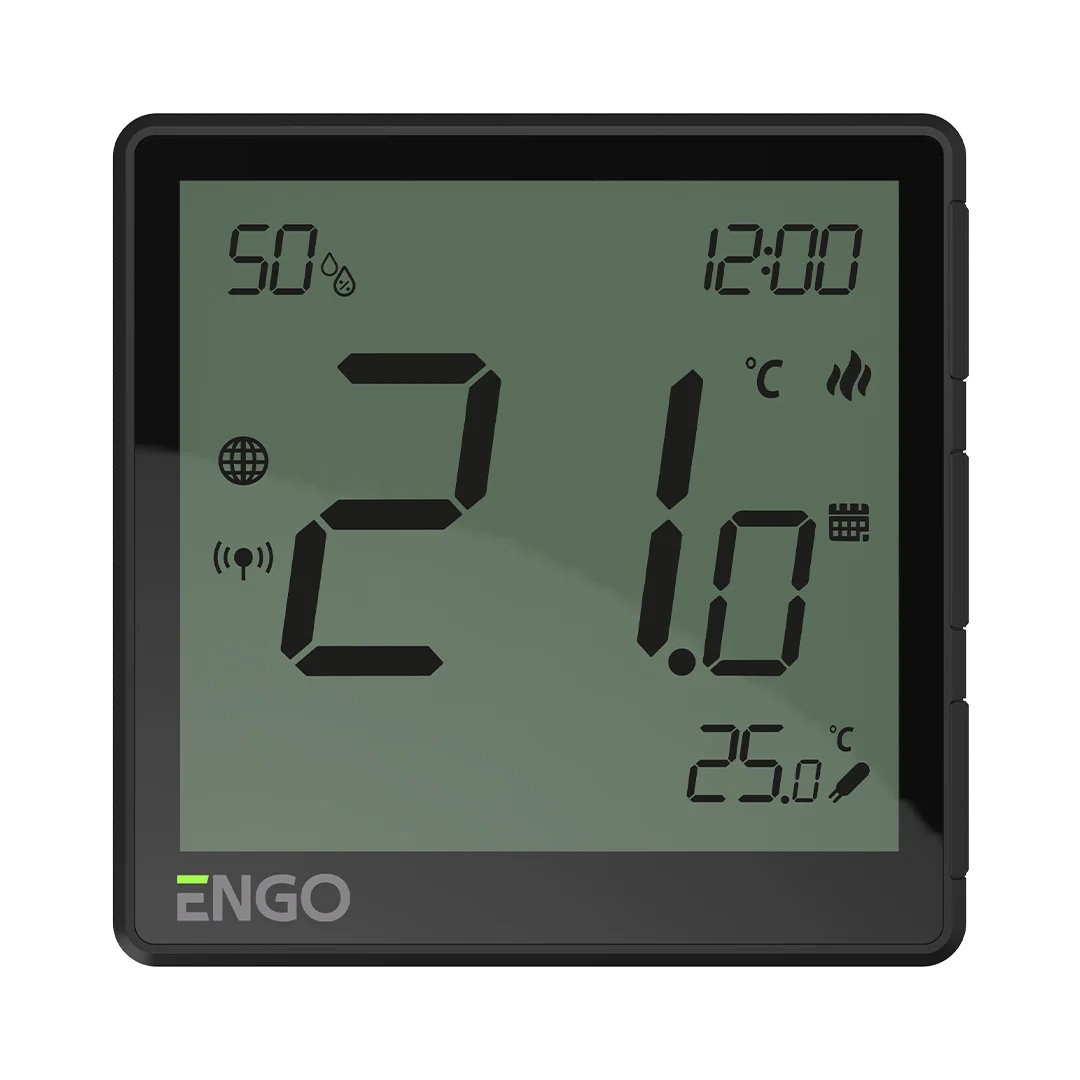 Универсальный терморегулятор, Engo Controls, черный, с модулем Zigbee, с питанием 230, со встроенным датчиком влажности, с возможностью подключения датчика пола