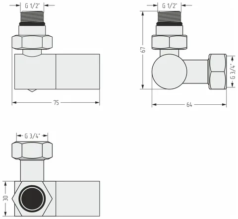 Вентиль, Сунержа, 3D, G 1/2" НР х G 3/4" НГ, левый, цилиндр, цвет-сталь без покрытия — изображение 1