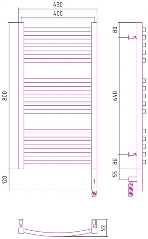 Полотенцесушитель, Сунержа, Аркус 3.0, шгв 430*92*920, нижнее справа, МЭМ, цвет-сталь — изображение 1