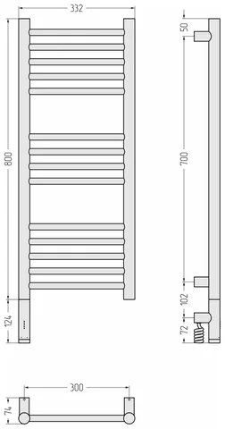 Полотенцесушитель, Сунержа, Богема 3.1, прямая, шгв 332*74*924, нижнее слева, МЭМ, цвет-сталь (без покрытия) — изображение 1