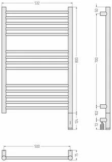 Полотенцесушитель, Сунержа, Богема 3.1, прямая, шгв 532*74*924, нижнее справа, МЭМ, цвет-сталь (без покрытия) — изображение 1