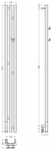 Полотенцесушитель, Сунержа, Терция 3.0, шгв 138*74*1500, нижнее слева, МЭМ, цвет-сатин — изображение 1