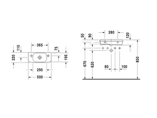Раковина, Duravit, Durastyle, шгв 500*220*120, отверстия для смесителя-отсутствуют, цвет-белый — изображение 1
