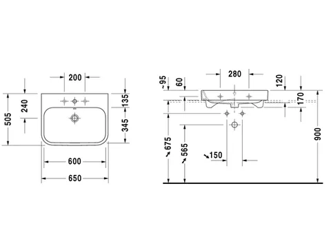 Раковина, Duravit, Happy D.2, шгв 650*505*170, отверстия для смесителя-1, цвет-белый — изображение 1
