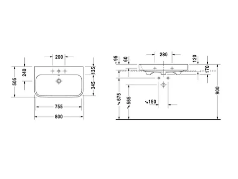 Раковина, Duravit, Happy D.2, шгв 800*505*170, отверстия для смесителя-1, цвет-белый — изображение 1