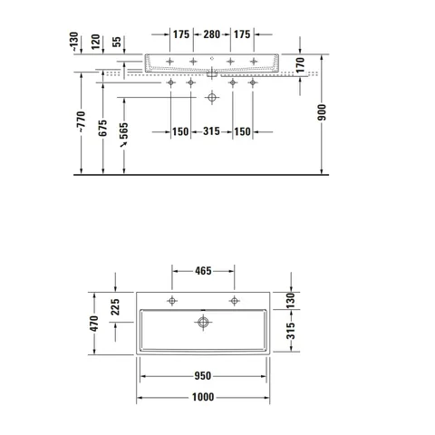 Раковина, Duravit, Vero Air, шгв 1000*470*170, шлифованная, отверстия для смесителя-2, цвет-белый — изображение 1