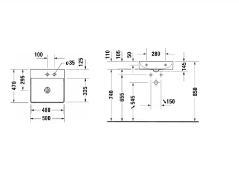 Раковина, Duravit, DuraSquare, шгв 500*470*145, отверстия для смесителя-1, цвет-белый — изображение 1
