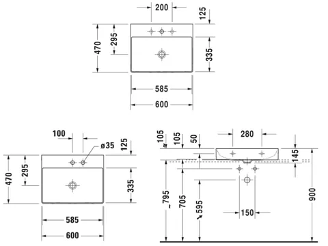 Раковина, Duravit, DuraSquare, шгв 600*470*145, отверстия для смесителя-отсутствуют, цвет-белый — изображение 1