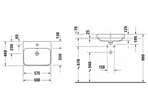 Раковина, Duravit, Happy D.2 Plus, шгв 600*460*195, отверстия для смесителя-отсутствуют, цвет-белый — изображение 1