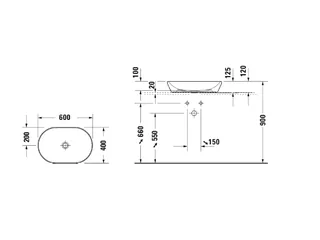 Раковина, Duravit, D-Neo, шгв 600*400*120, отверстия для смесителя-отсутствуют, цвет-белый глянцевый — изображение 1