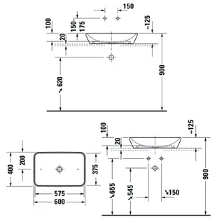 Раковина, Duravit, D-Neo, шгв 600*400*125, отверстия для смесителя-1, цвет-белый — изображение 1