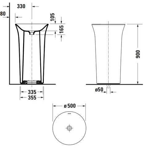Раковина, Duravit, White Tulip, шгв 500*500*900, отверстия для смесителя-отсутствуют, подключение к полу, цвет-белый — изображение 1