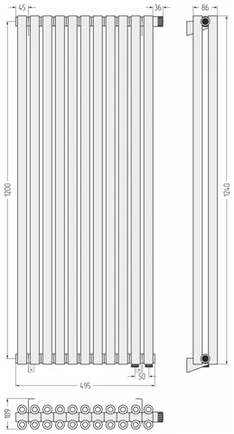 Радиатор, Сунержа, Эстет-00, 1200x495-11-EU50, цвет-белый матовый, 3/4" — изображение 1