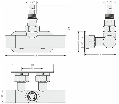 Вентиль, Сунержа, 1 х НР G 1/2" / 2 х НГ G 3/4", угловой, правый, маховик-скрытый, EU50, цвет-чёрный матовый — изображение 1