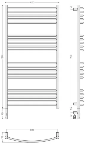 Полотенцесушитель, Сунержа, Богема 3.1, выгнутая, шгв 632*118*1324, нижнее слева, МЭМ, цвет-чёрный матовый — изображение 1