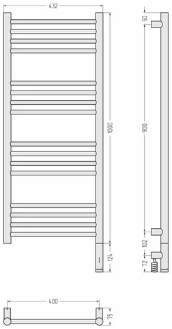 Полотенцесушитель, Сунержа, Богема 3.1, прямая, шгв 432*74*1124, нижнее справа, МЭМ, цвет-чёрный матовый — изображение 1
