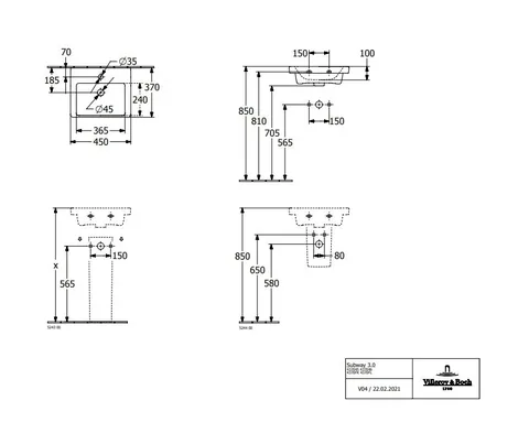 Раковина, Villeroy&Boch, Subway 3.0, шгв 450*370*100, отверстия для смесителя-1, CeramicPlus, цвет-альпийский белый — изображение 1