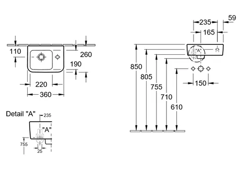 Раковина, Villeroy&Boch, Architectura, шг 360*260, отверстия для смесителя-1 справа, CeramicPlus, цвет-альпийский белый — изображение 1