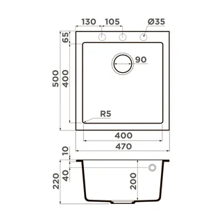 Мойка, OMOIKIRI, Bosen, шгв 500*470*220, отверстия для смесителя-3 промаркированных, чаши-1, цвет-белый — изображение 1