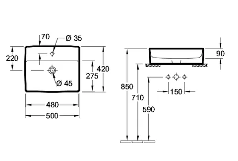 Раковина, Villeroy&Boch, Memento, шгв 500*420*90, отверстия для смесителя-1 сквозное, 2 промаркированных, CeramicPlus, цвет-камень белый — изображение 1