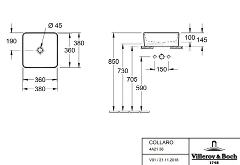 Раковина, Villeroy&Boch, Collaro, шгв 380*380*145, отверстия для смесителя-отсутствуют, цвет-альпийский белый — изображение 1