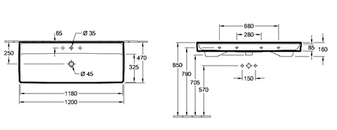 Раковина, Villeroy&Boch, Collaro, шгв 1200*470*160, отверстия для смесителя-1 сквозное, 2 промаркированных, цвет-альпийский белый — изображение 1