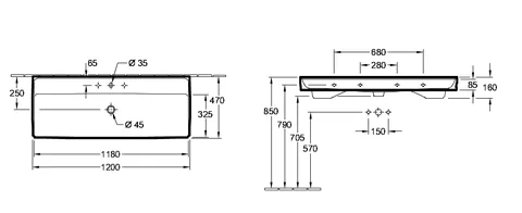 Раковина, Villeroy&Boch, Collaro, шгв 1200*470*160, отверстия для смесителя-1 сквозное, 2 промаркированных, CeramicPlus, цвет-альпийский белый — изображение 1