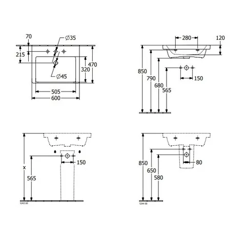 Раковина, Villeroy&Boch, Subway 3.0, шгв 600*470*120, отверстия для смесителя-1 сквозное, 2 промаркированных, CeramicPlus, цвет-альпийский белый — изображение 1
