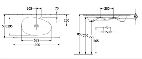 Раковина, Villeroy&Boch, Antao, шгв 1000*500*90, отверстия для смесителя-1, CeramicPlus, цвет-Pure Black — изображение 1