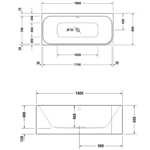 Ванна, Duravit, Happy D.2 Plus, шгв 1800*800*600, цвет ванны-белый, аериловая панель в цвете -графит суперматовый — изображение 1