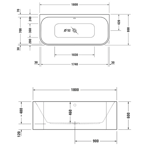 Ванна, Duravit, Happy D.2 Plus, шгв 1800*800*600, цвет ванны-белый, акриловая панель в цвете--графит суперматовый — изображение 1