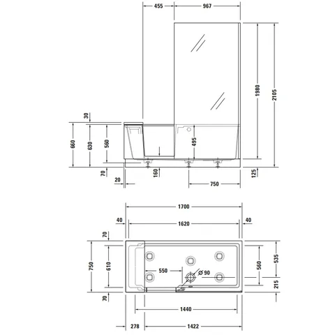 Ванна, Duravit, Shower+Bath, шгв 1700*750*2105, со смонтированной дверцей, стекло в панели справа, цвет-белый матовый — изображение 1