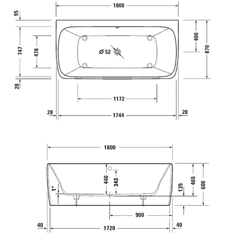 Ванна, Duravit, Qatego, шгв 1800*440*600, с двумя наклонами для спины, цвет-белый — изображение 1