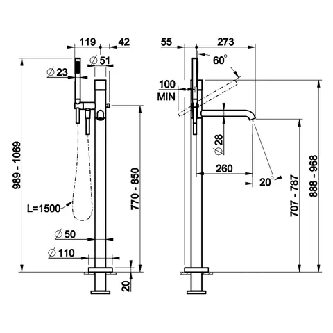 Смеситель для ванны и душа, Gessi, Habito Diamantato, напольный, цвет-Warm Bronze Brushed PVD — изображение 1