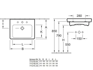 Раковина, Villeroy&Boch, Subway 2.0, шг 650*470, отверстия для смесителя-1 сквозное, 2 промаркированных, цвет-ярко-белый — изображение 1