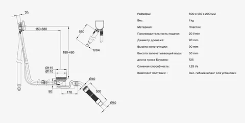 Слив-перелив, Bette, длина троса, мм-1070, цвет-хром — изображение 1